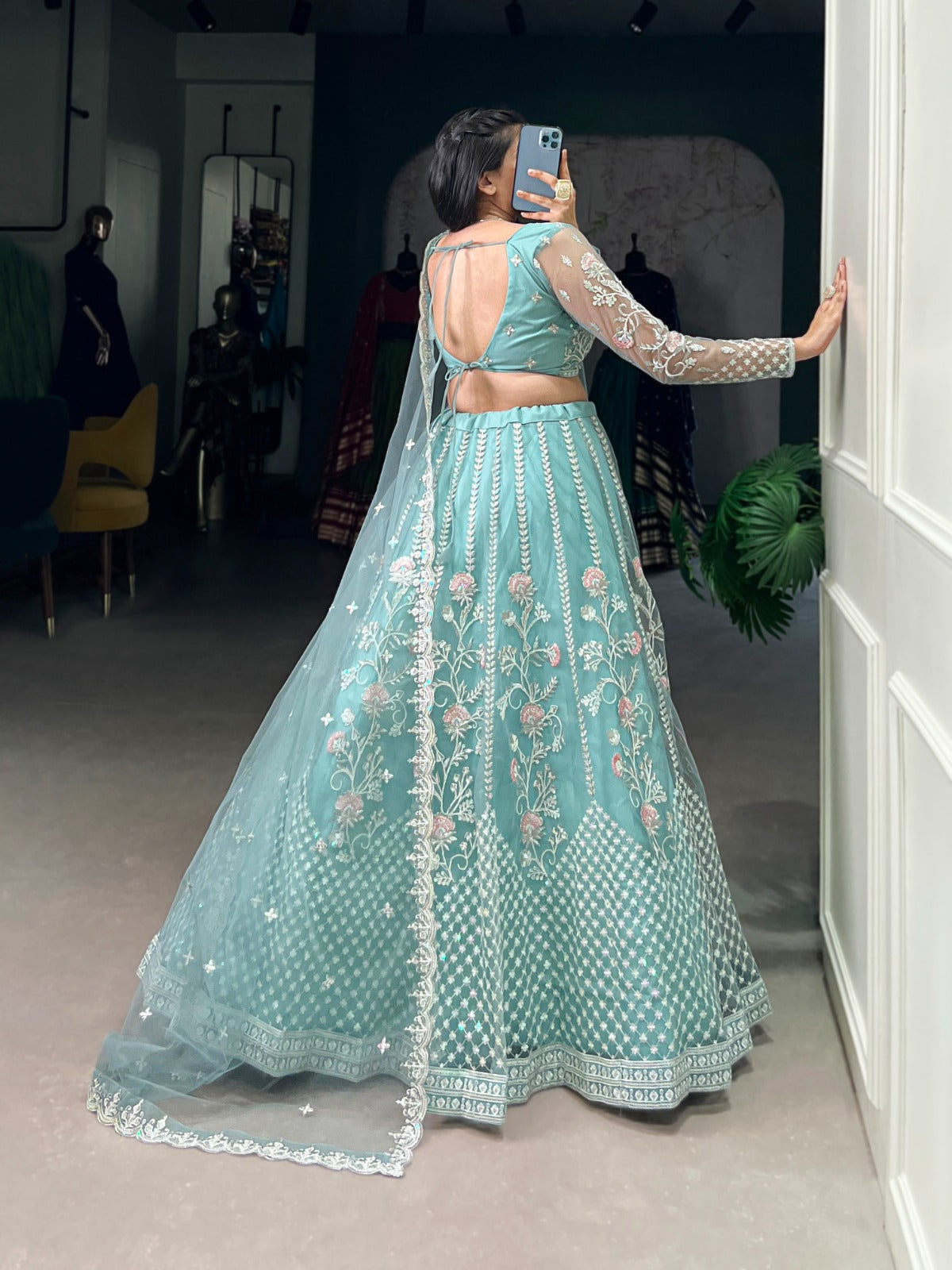 Pastel Blue Net Sequins Thread Worked Lehenga Choli - ETHNICDEAL