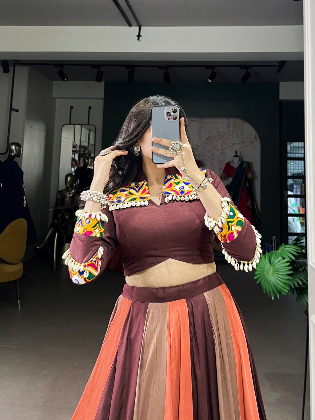 Pure Rayon Embossed Lehenga Set with Mirror Gamthi Work Blouse – Fully Stitched & Ready to Wear - ETHNICDEAL