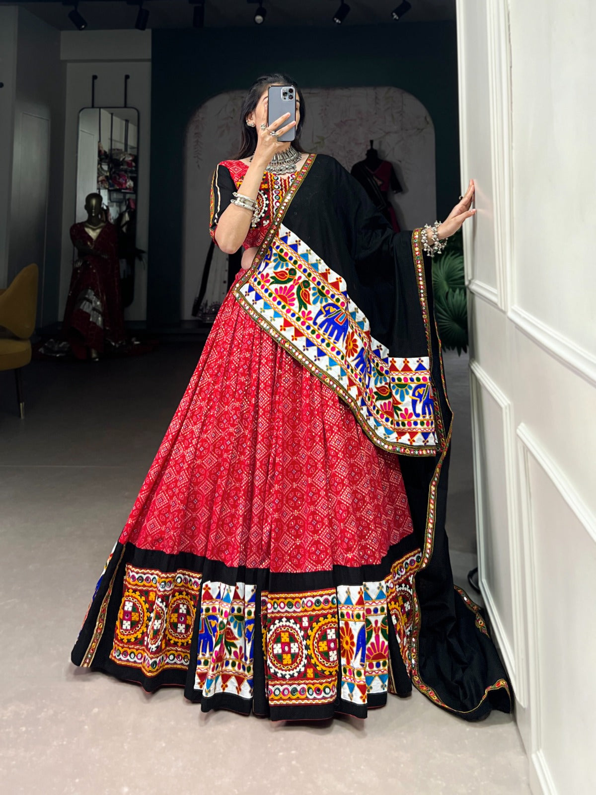 Red Navratri Special Gamthi Mirror Printed Lehenga Choli - ETHNICDEAL