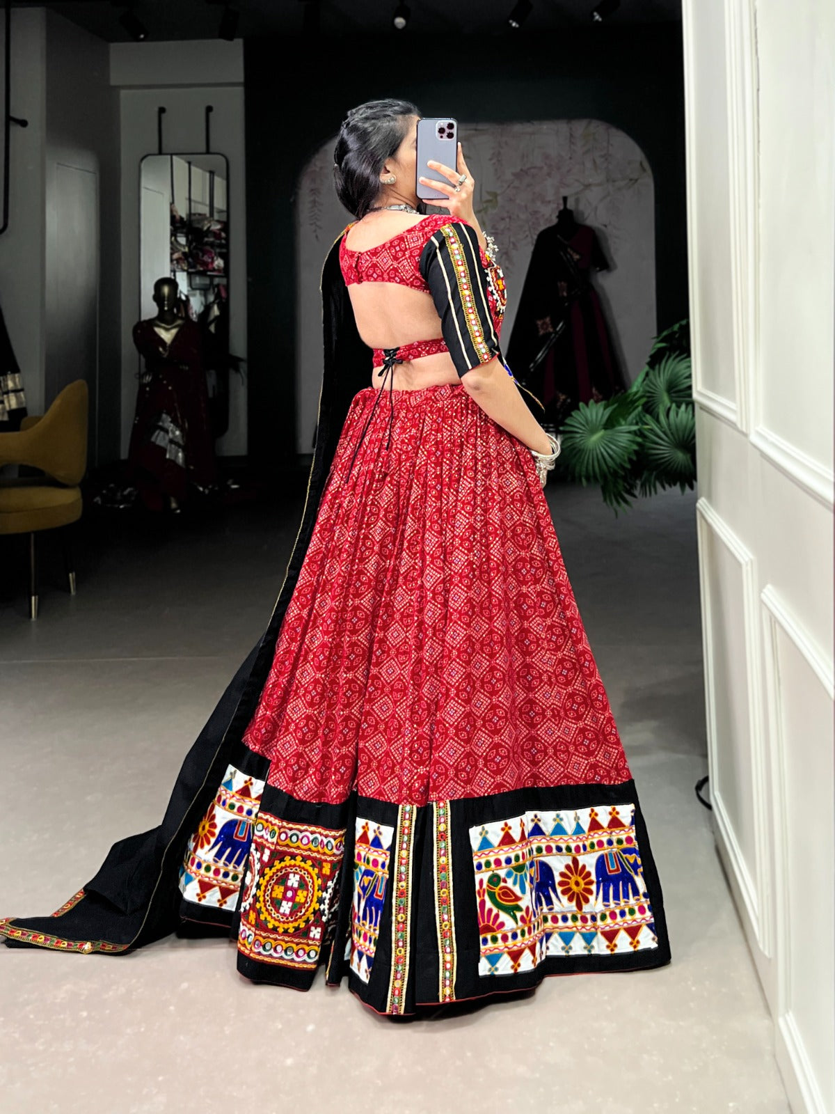 Red Navratri Special Gamthi Mirror Printed Lehenga Choli - ETHNICDEAL