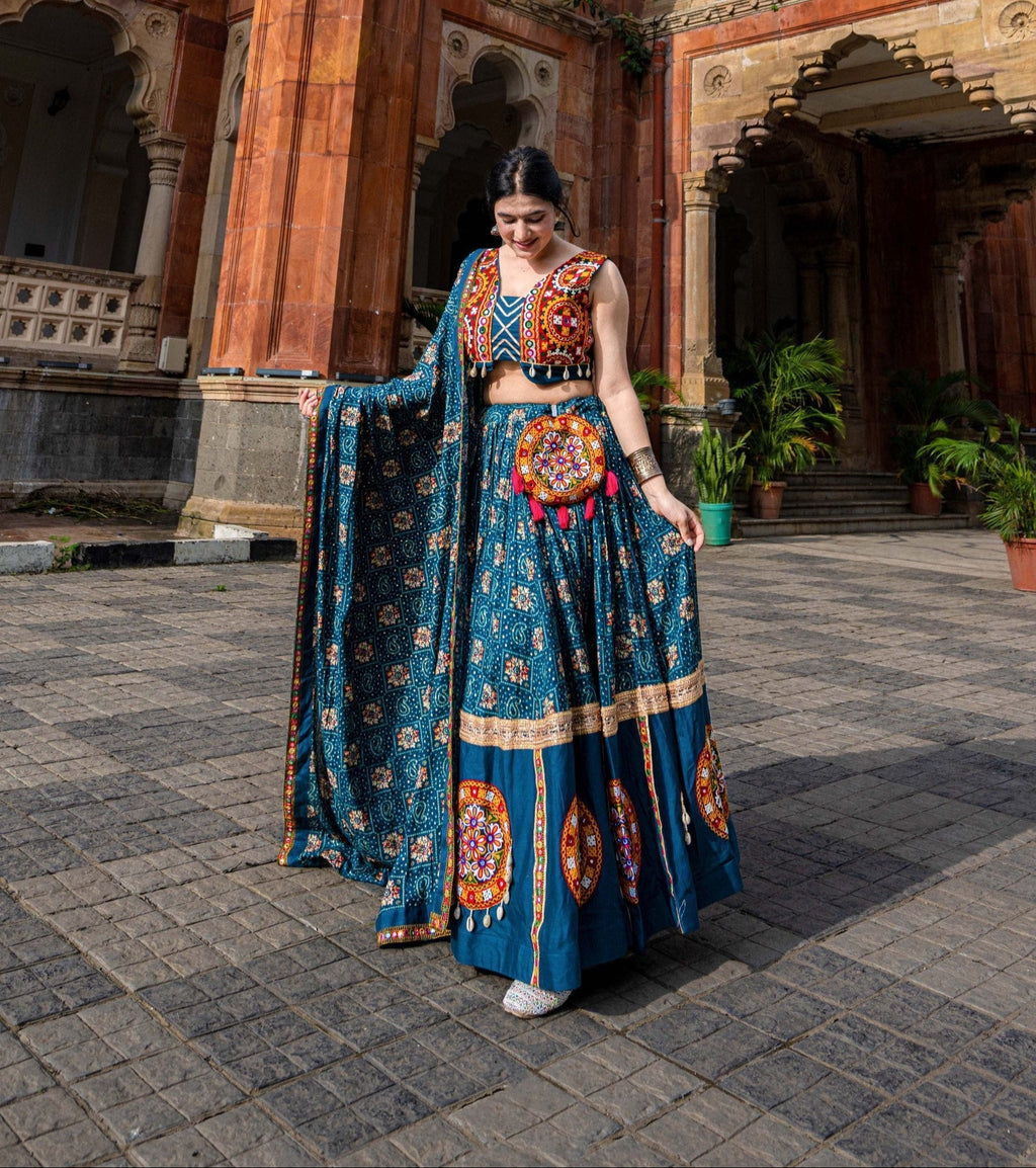 Spellbinding Teal blue Pure Cotton Gamthi Worked Navratri Lehenga Choli - ETHNICDEAL