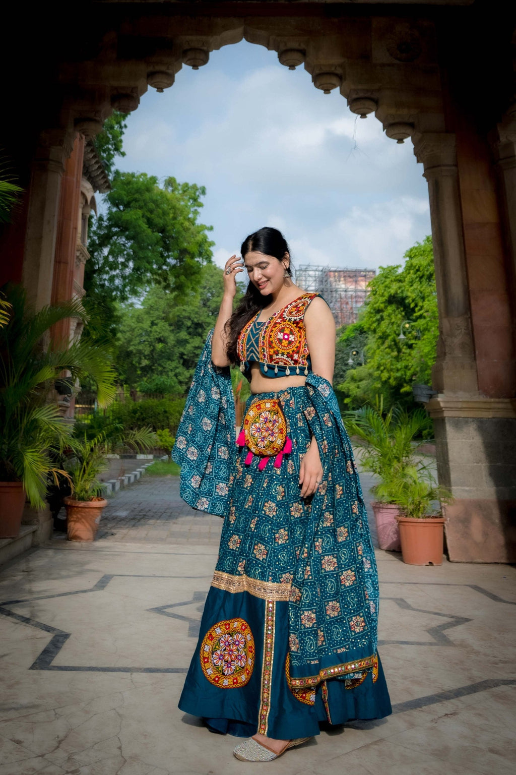 Spellbinding Teal blue Pure Cotton Gamthi Worked Navratri Lehenga Choli - ETHNICDEAL
