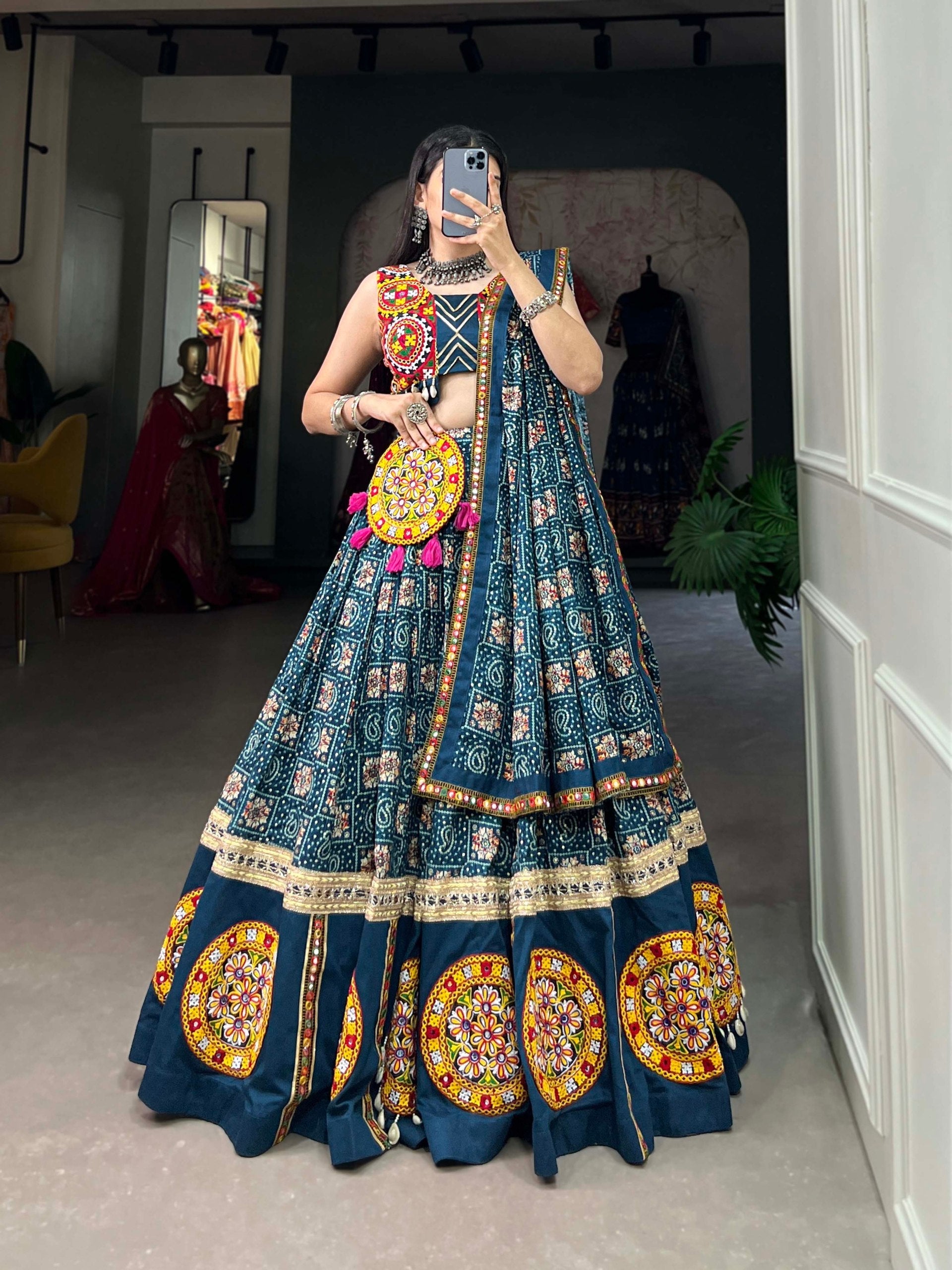 Spellbinding Teal blue Pure Cotton Gamthi Worked Navratri Lehenga Choli - ETHNICDEAL