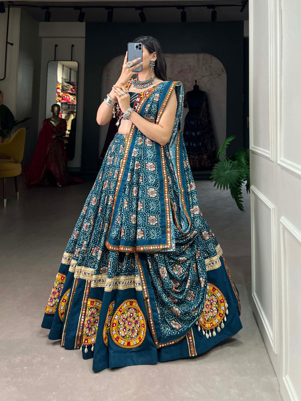 Spellbinding Teal blue Pure Cotton Gamthi Worked Navratri Lehenga Choli - ETHNICDEAL