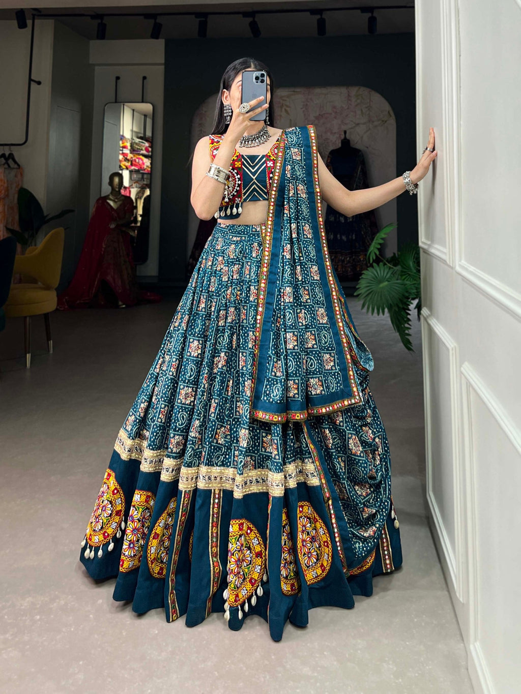 Spellbinding Teal blue Pure Cotton Gamthi Worked Navratri Lehenga Choli - ETHNICDEAL