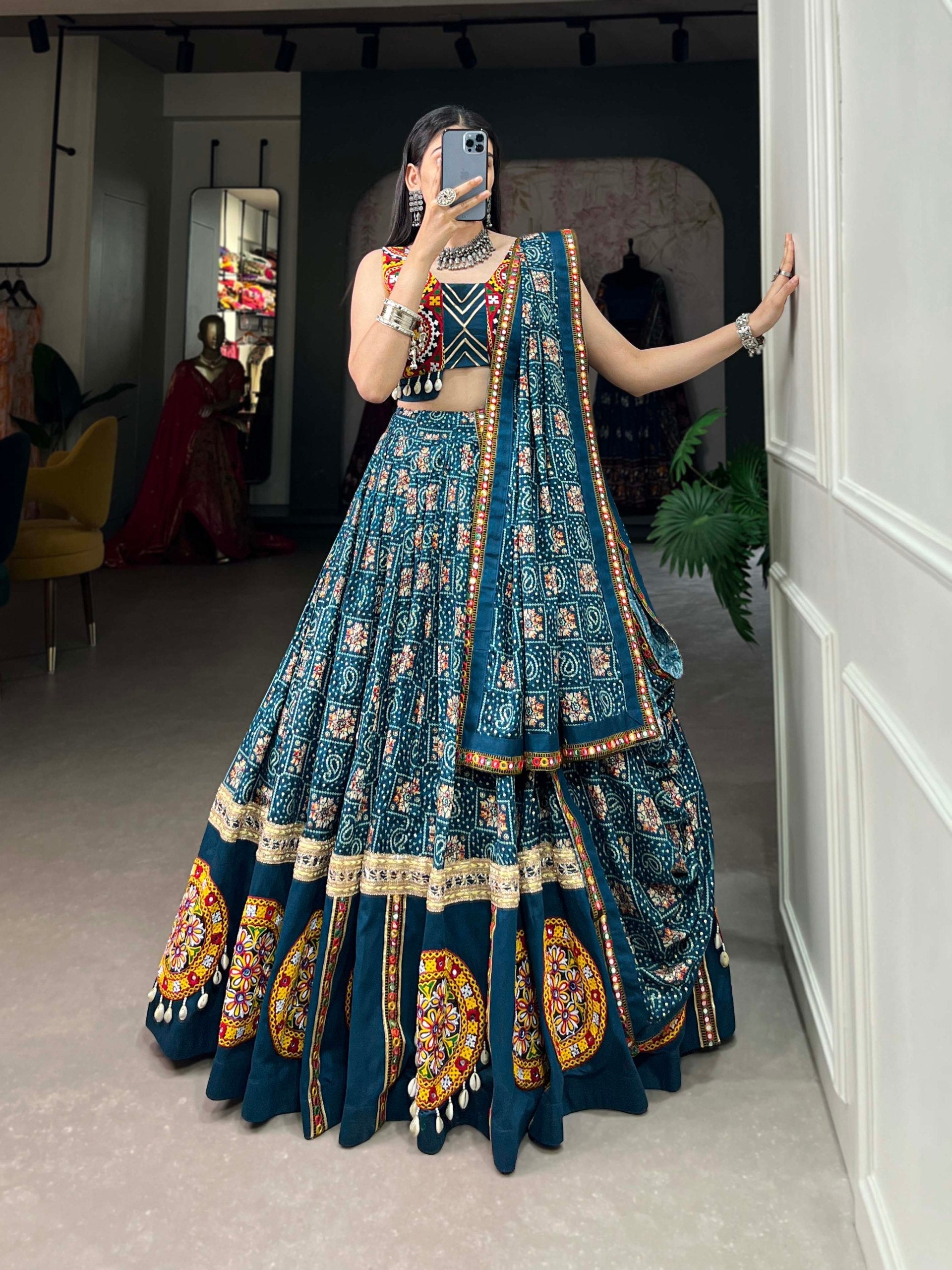 Spellbinding Teal blue Pure Cotton Gamthi Worked Navratri Lehenga Choli - ETHNICDEAL
