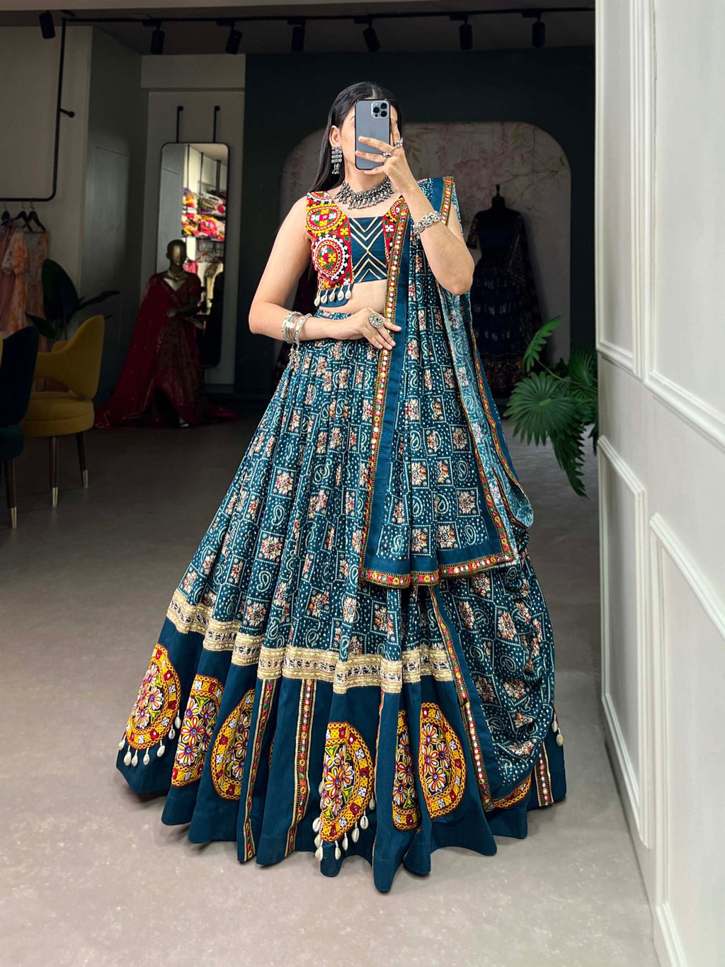Spellbinding Teal blue Pure Cotton Gamthi Worked Navratri Lehenga Choli - ETHNICDEAL