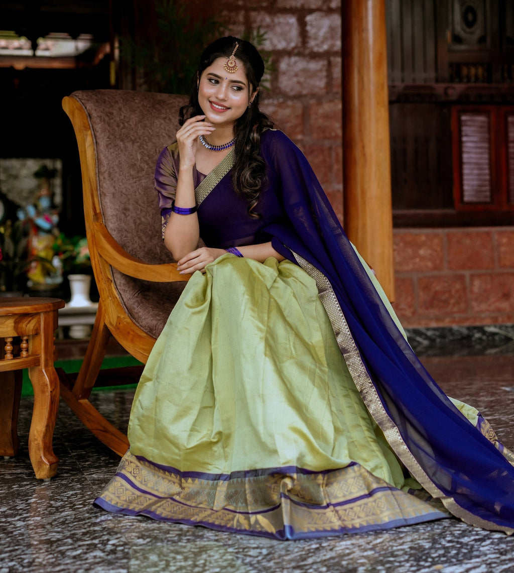 Stunning Pista Green Kanchipuram Silk Zari Weaving Worked Lehenga Choli - ETHNICDEAL