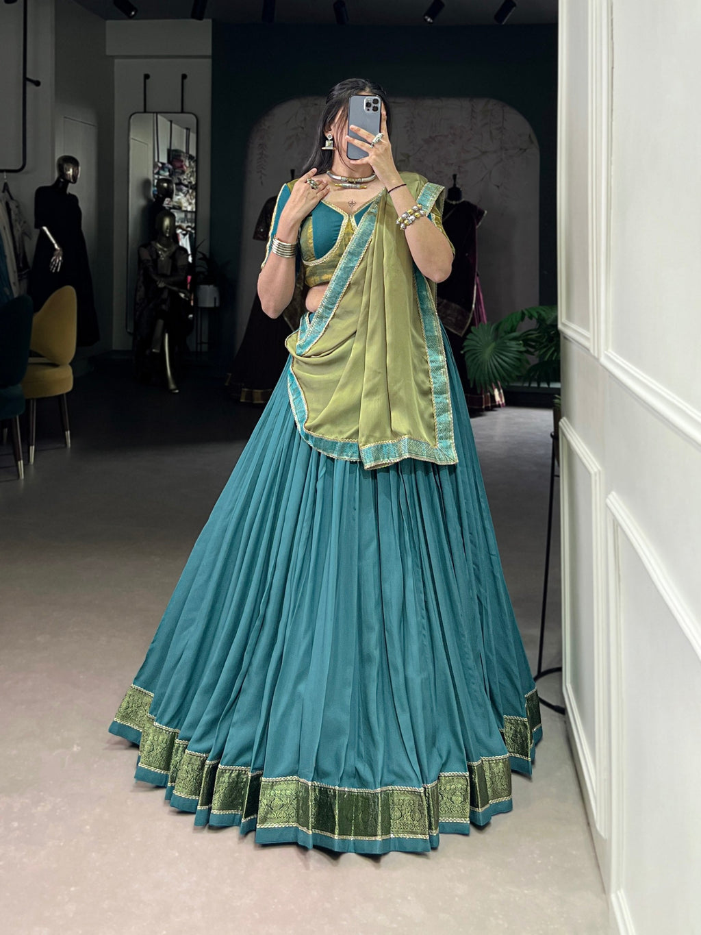 Teal Blue Pure Rayon Zari Weaving Worked Lehenga Choli - ETHNICDEAL