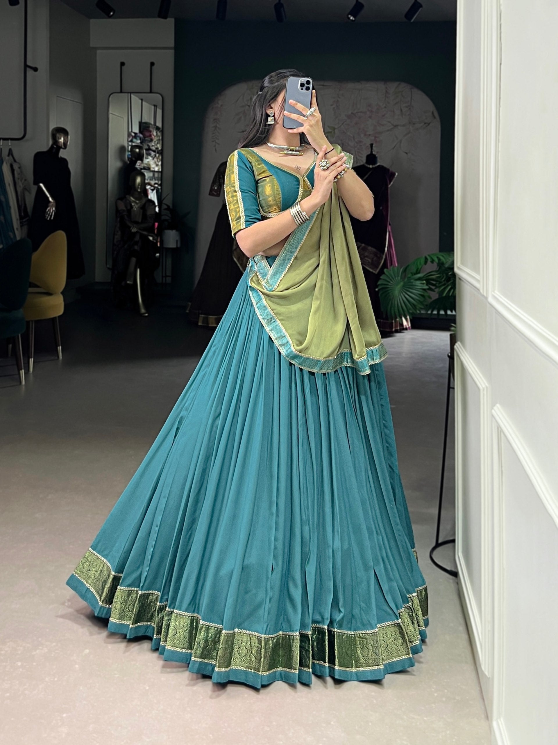 Teal Blue Pure Rayon Zari Weaving Worked Lehenga Choli - ETHNICDEAL