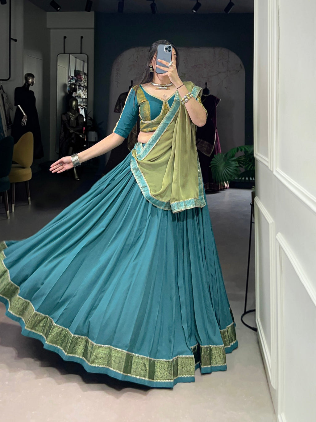 Teal Blue Pure Rayon Zari Weaving Worked Lehenga Choli - ETHNICDEAL