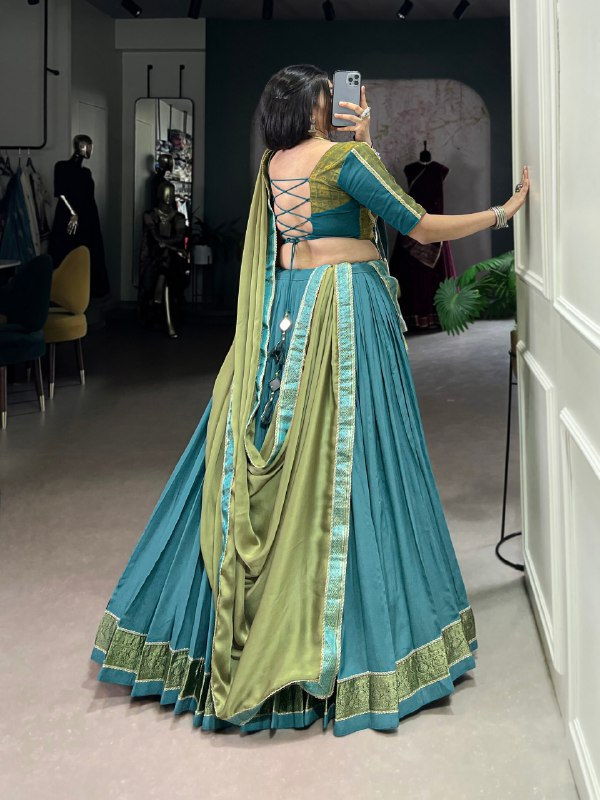 Teal Blue Pure Rayon Zari Weaving Worked Lehenga Choli - ETHNICDEAL