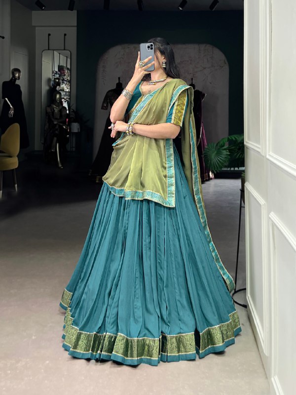 Teal Blue Pure Rayon Zari Weaving Worked Lehenga Choli - ETHNICDEAL