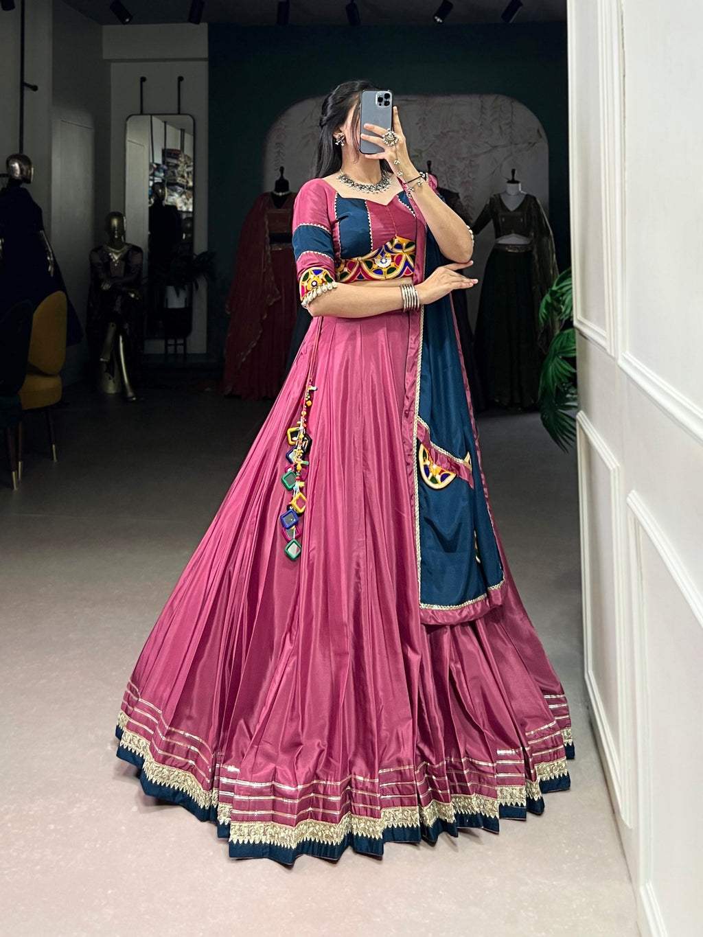 Breathtaking Silk Crepe Sequins Thread Worked Navratri Lehenga Choli - ETHNICDEAL