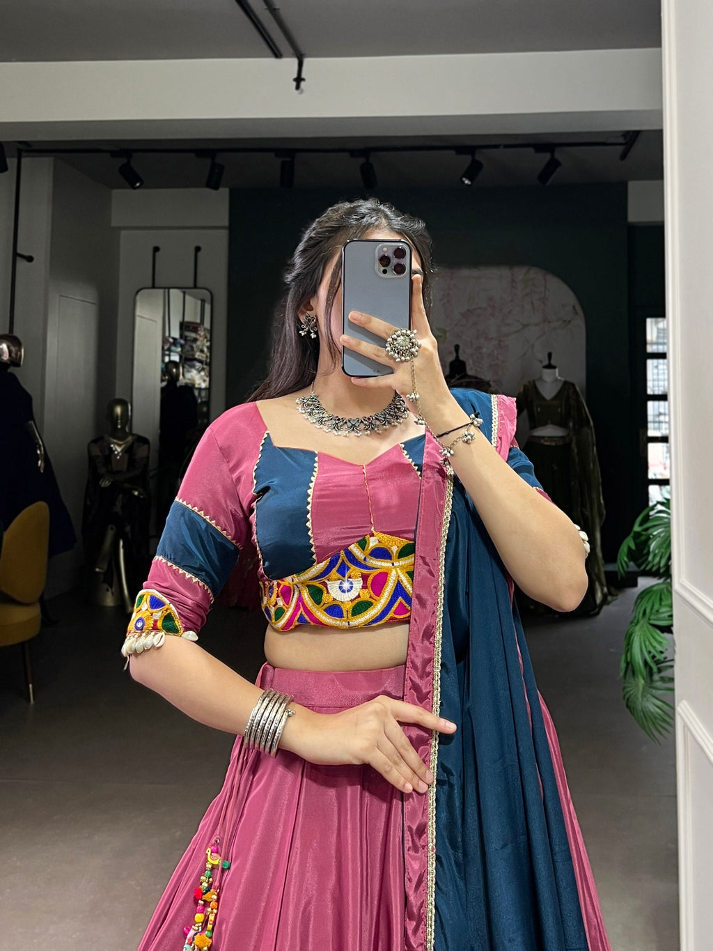 Breathtaking Silk Crepe Sequins Thread Worked Navratri Lehenga Choli - ETHNICDEAL