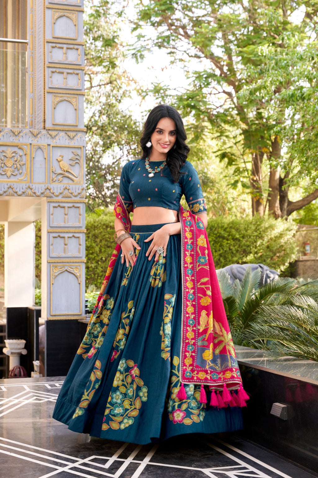 Magnificent Tussar Silk Printed Foil Worked Lehenga Choli - ETHNICDEAL