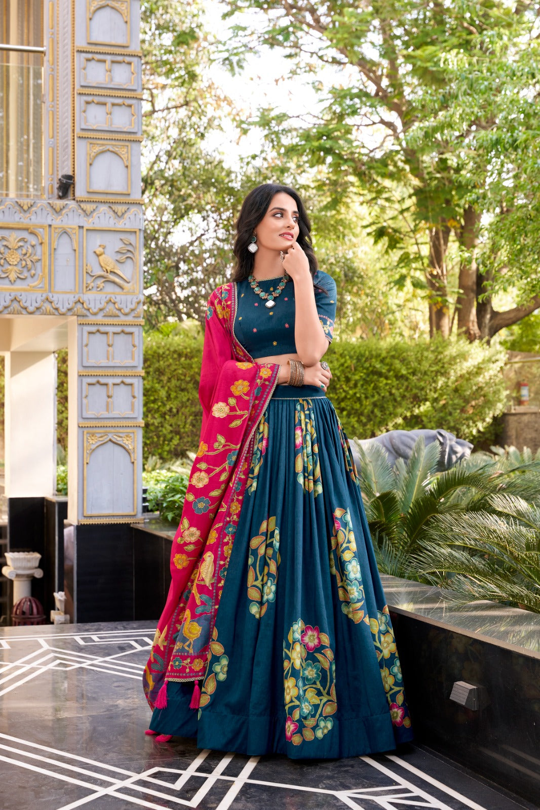 Magnificent Tussar Silk Printed Foil Worked Lehenga Choli - ETHNICDEAL