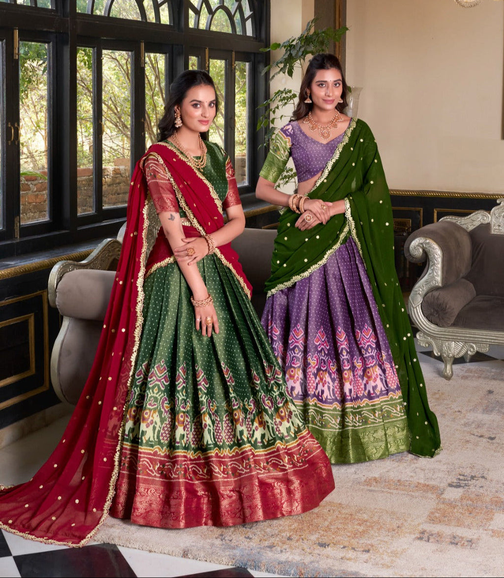 Ravishing Kanchipuram Silk Printed Weaving Worked Lehenga Choli - ETHNICDEAL