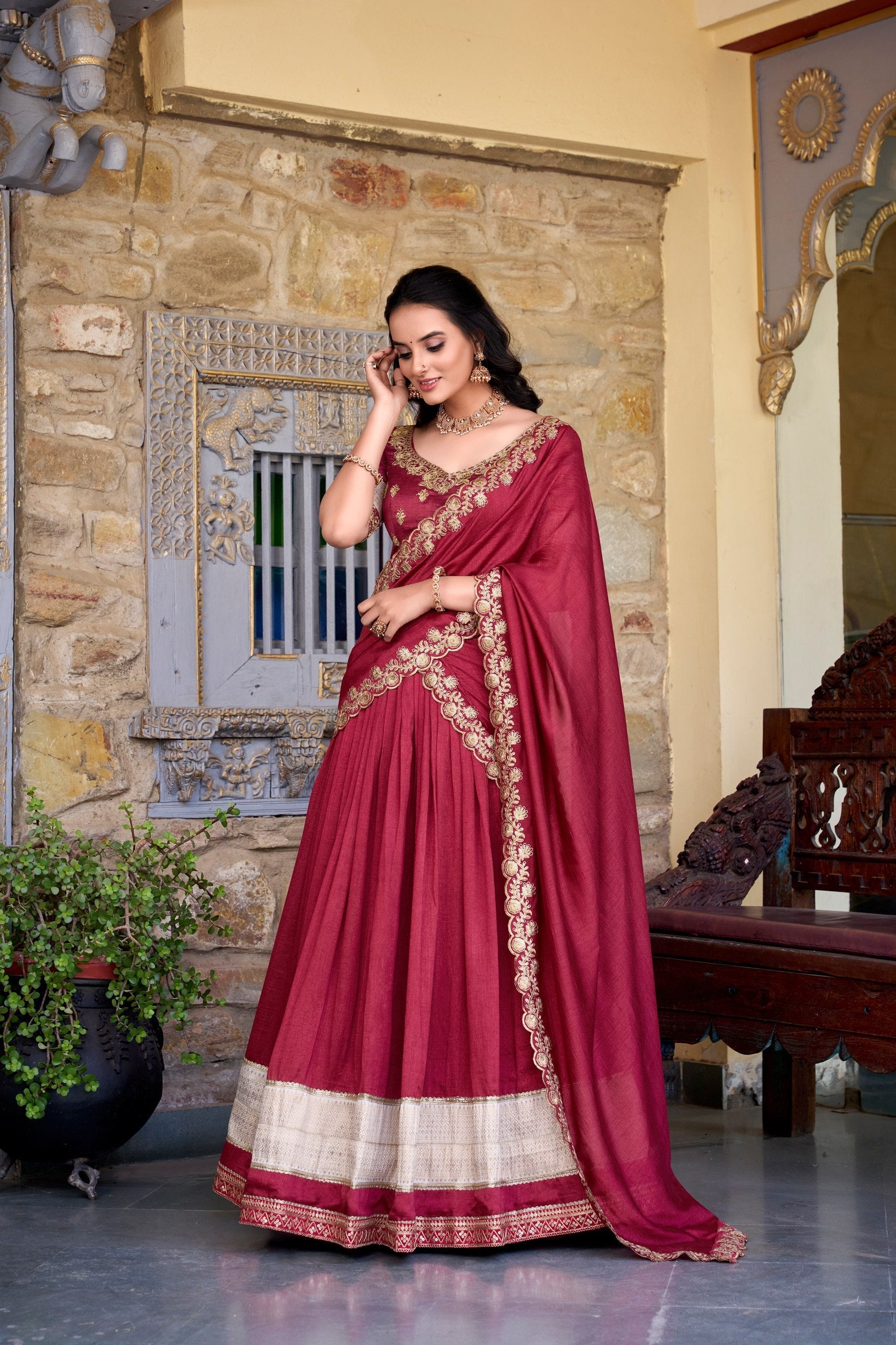 Exquisite Vichitra Silk Zari Weaving Lace Border Worked Lehenga Choli - ETHNICDEAL