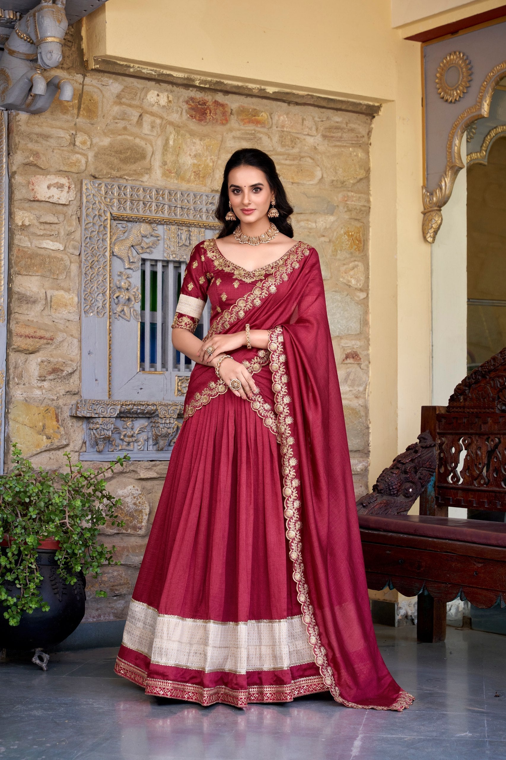 Exquisite Vichitra Silk Zari Weaving Lace Border Worked Lehenga Choli - ETHNICDEAL