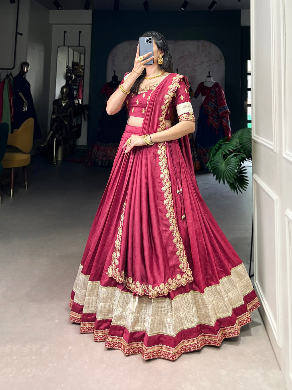 Exquisite Vichitra Silk Zari Weaving Lace Border Worked Lehenga Choli - ETHNICDEAL