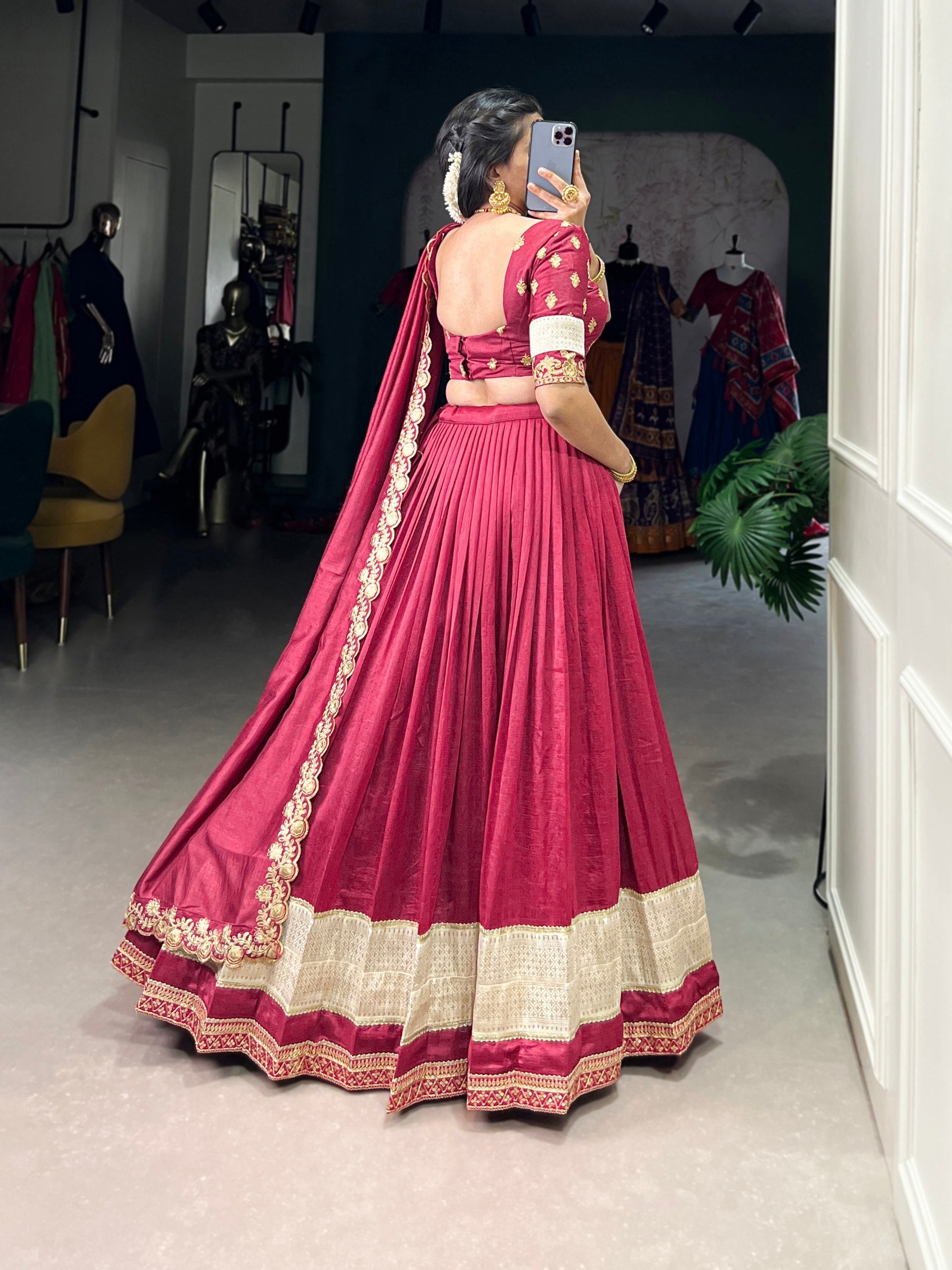Exquisite Vichitra Silk Zari Weaving Lace Border Worked Lehenga Choli - ETHNICDEAL