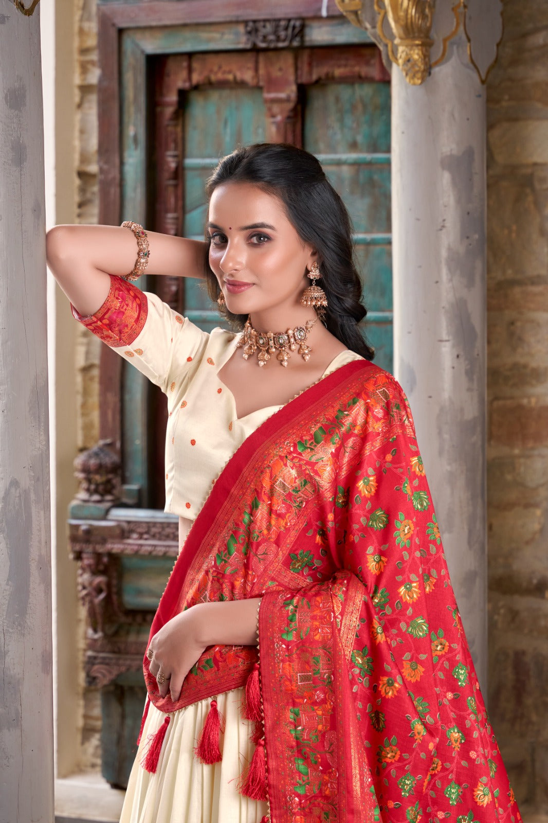 Stunning Tussar Silk Printed Foil Worked Lehenga Choli Set - ETHNICDEAL