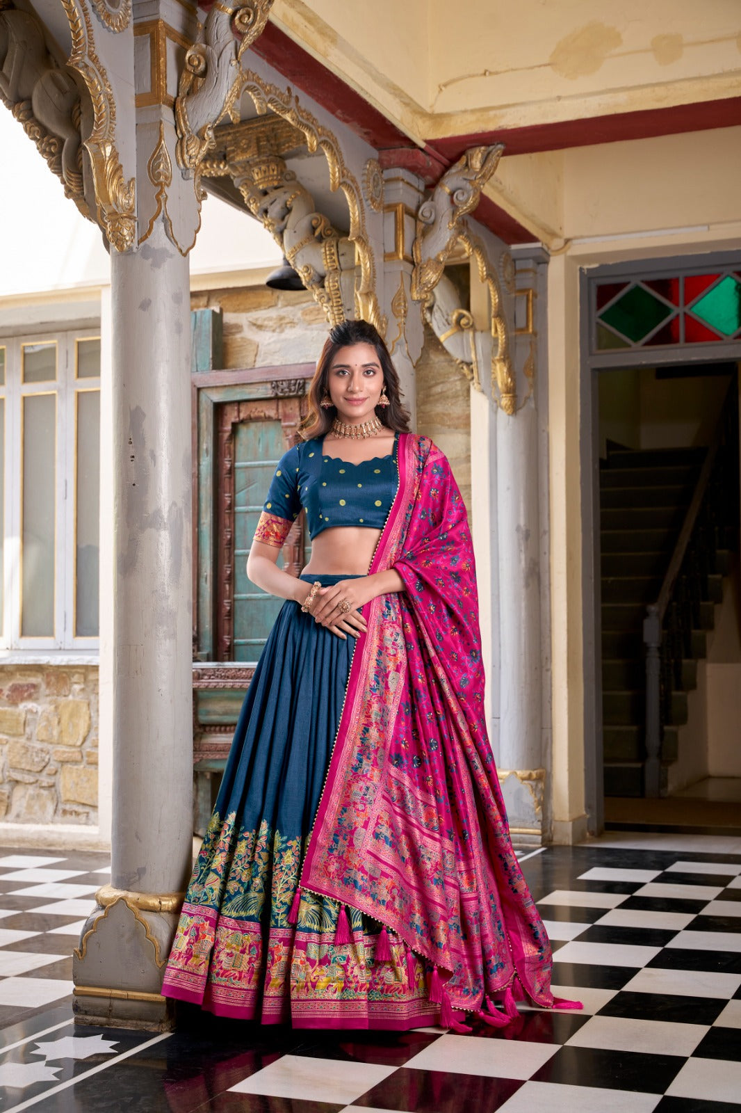 Stunning Tussar Silk Printed Foil Worked Lehenga Choli Set - ETHNICDEAL