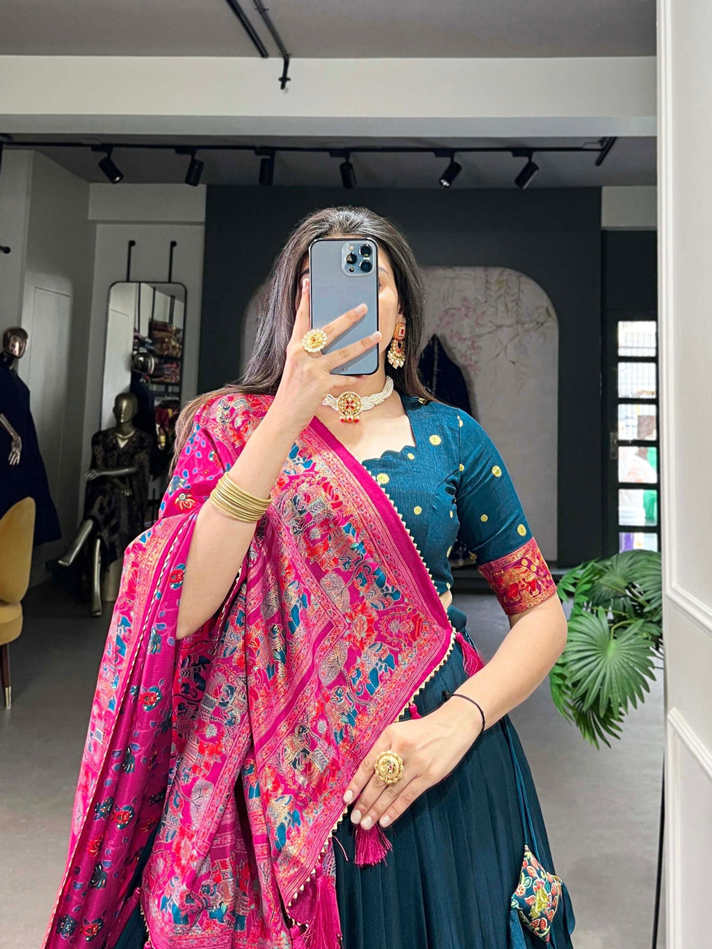 Stunning Tussar Silk Printed Foil Worked Lehenga Choli Set - ETHNICDEAL