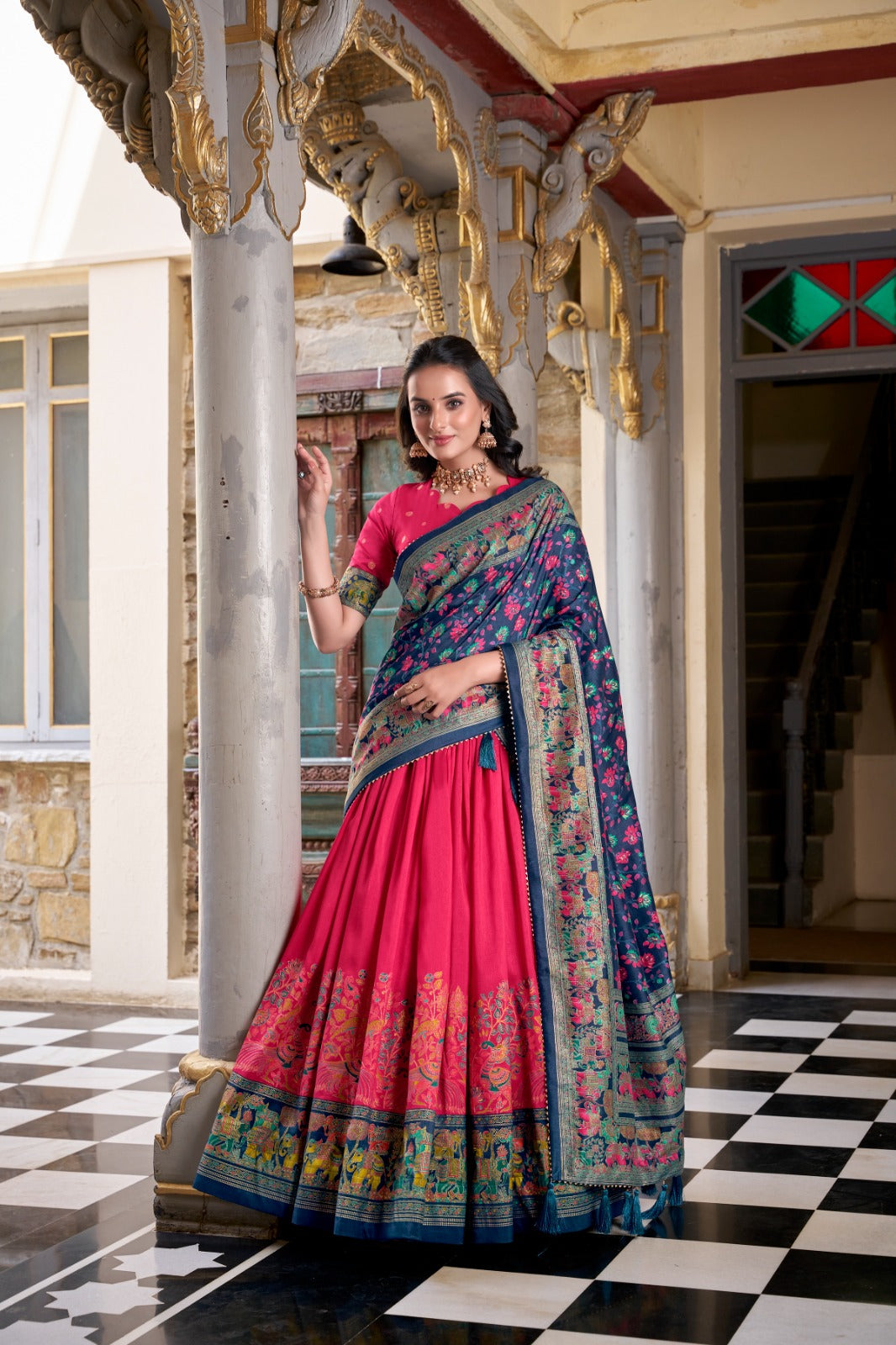 Stunning Tussar Silk Printed Foil Worked Lehenga Choli Set - ETHNICDEAL
