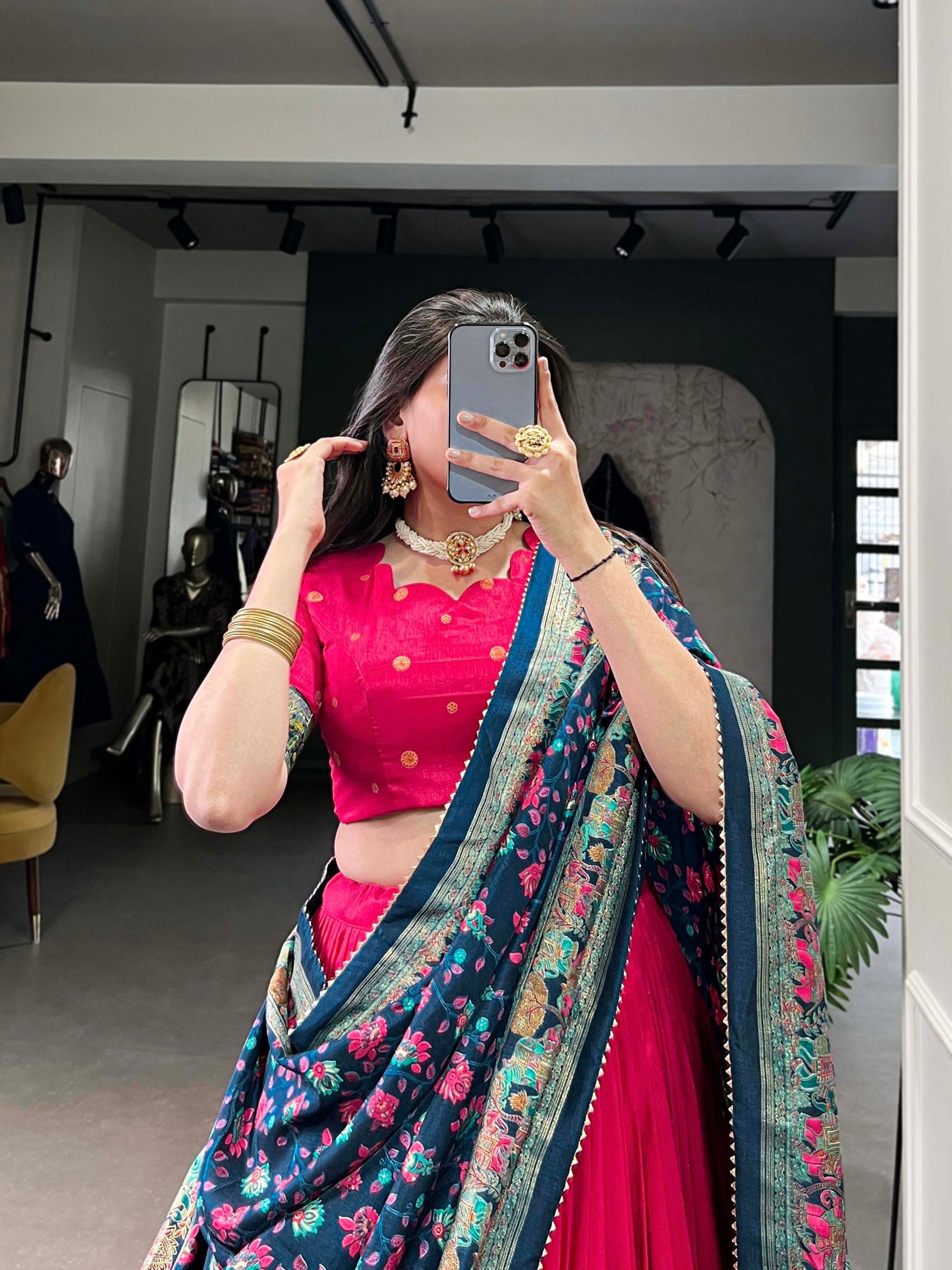 Stunning Tussar Silk Printed Foil Worked Lehenga Choli Set - ETHNICDEAL