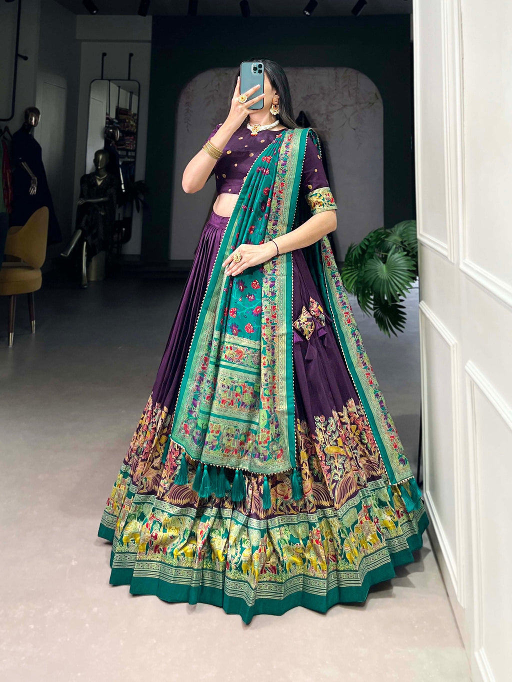 Stunning Tussar Silk Printed Foil Worked Lehenga Choli Set - ETHNICDEAL