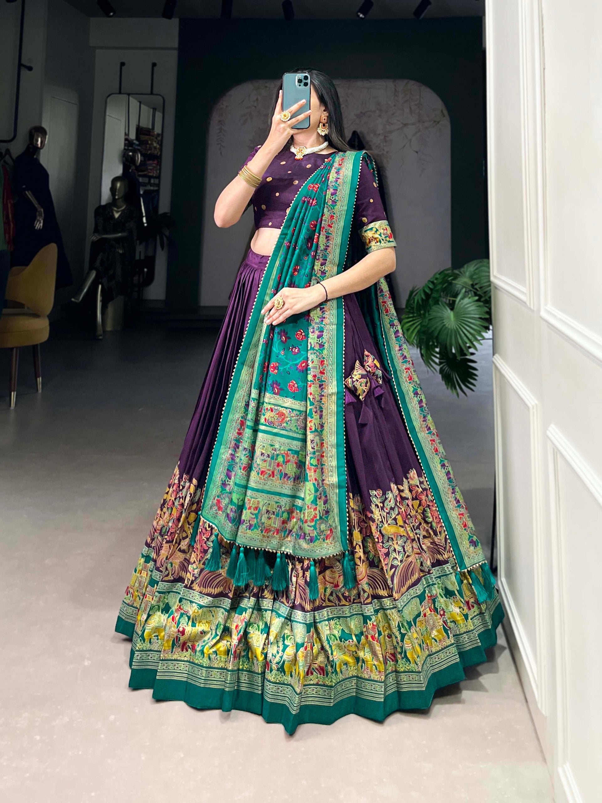 Stunning Tussar Silk Printed Foil Worked Lehenga Choli Set - ETHNICDEAL