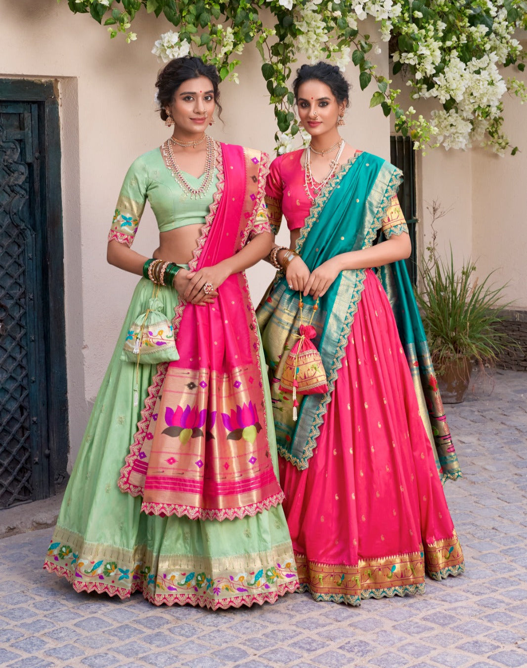 Elegant Paithani Jacquard Silk Zari Weaving Sequins Thread Worked Lehenga Choli - ETHNICDEAL