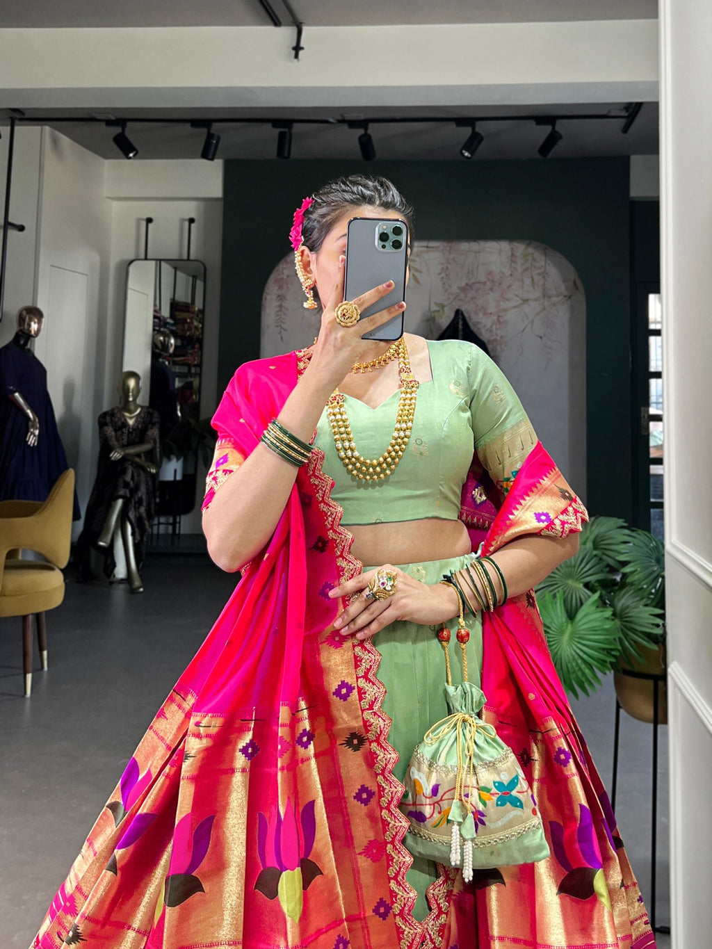 Elegant Paithani Jacquard Silk Zari Weaving Sequins Thread Worked Lehenga Choli - ETHNICDEAL