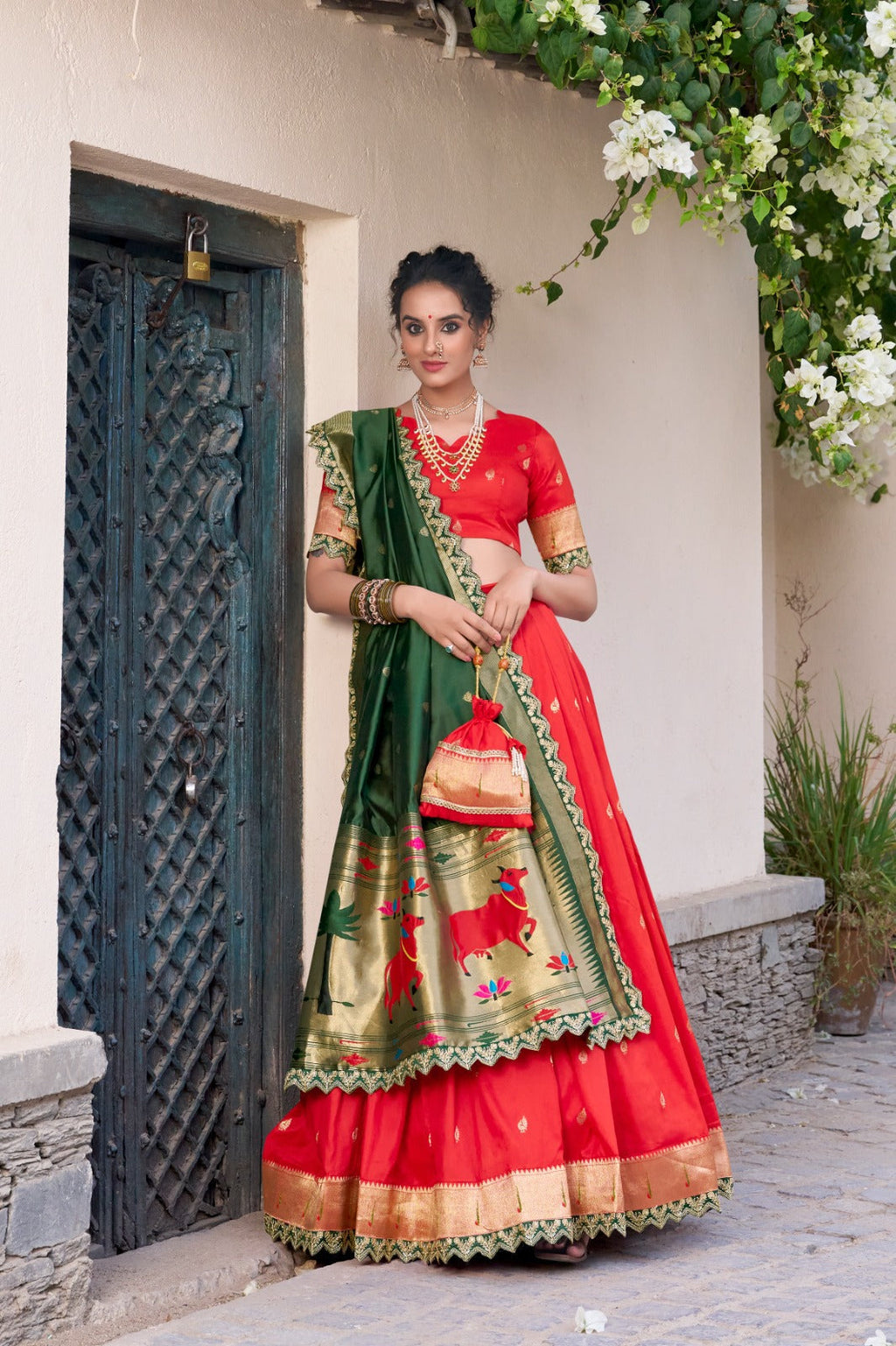 Elegant Paithani Jacquard Silk Zari Weaving Sequins Thread Worked Lehenga Choli - ETHNICDEAL