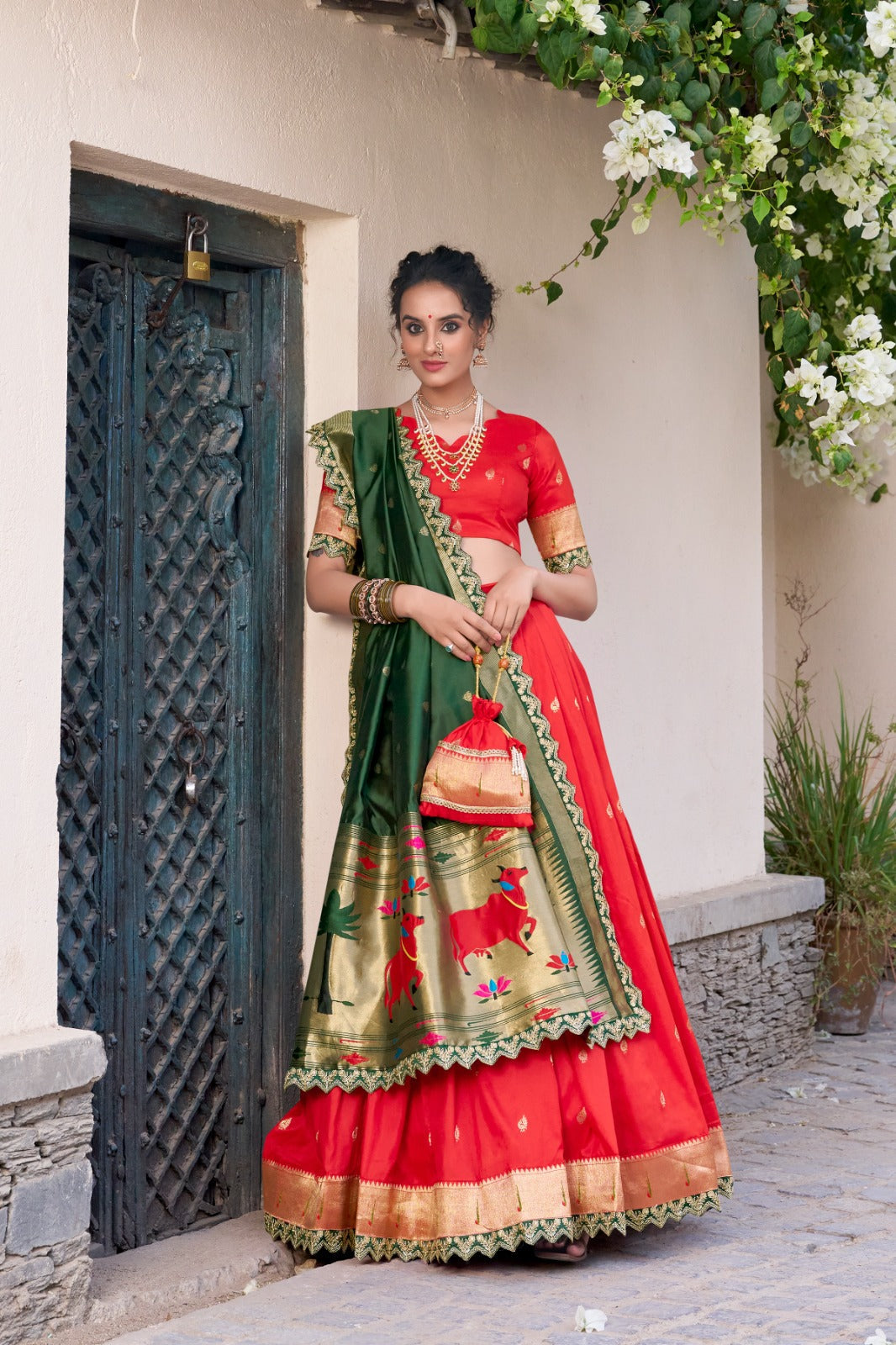 Elegant Paithani Jacquard Silk Zari Weaving Sequins Thread Worked Lehenga Choli - ETHNICDEAL