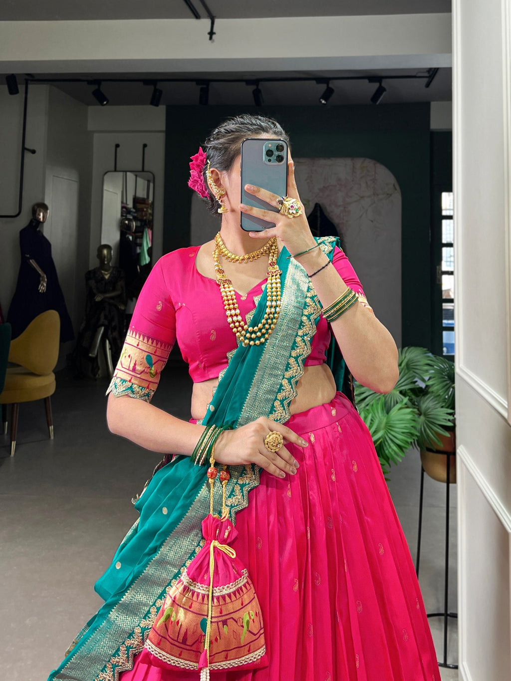 Elegant Paithani Jacquard Silk Zari Weaving Sequins Thread Worked Lehenga Choli - ETHNICDEAL