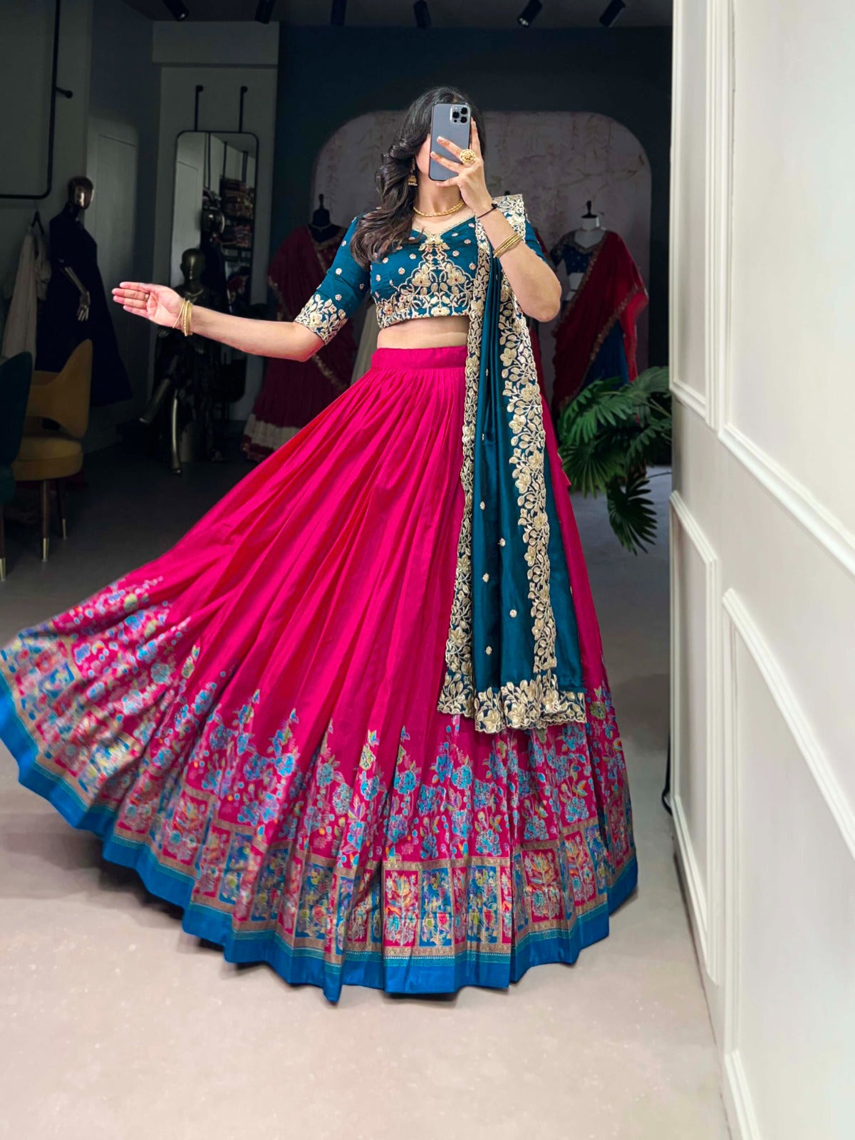 Exquisite Tussar Silk Printed Foil Worked Lehenga Choli - ETHNICDEAL