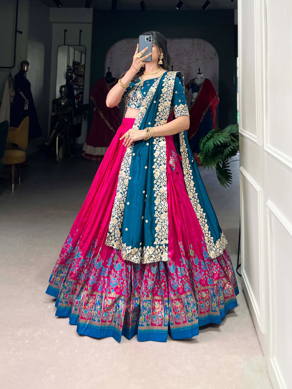 Exquisite Tussar Silk Printed Foil Worked Lehenga Choli - ETHNICDEAL