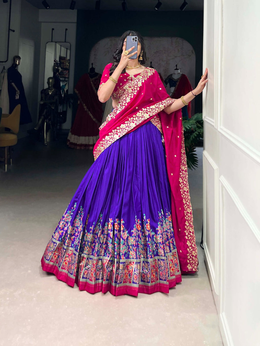 Exquisite Tussar Silk Printed Foil Worked Lehenga Choli - ETHNICDEAL