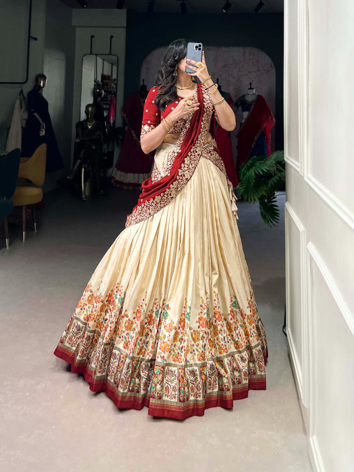 Exquisite Tussar Silk Printed Foil Worked Lehenga Choli - ETHNICDEAL