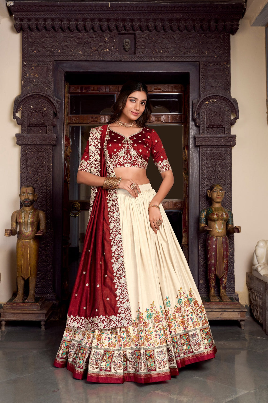 Exquisite Tussar Silk Printed Foil Worked Lehenga Choli Set - ETHNICDEAL