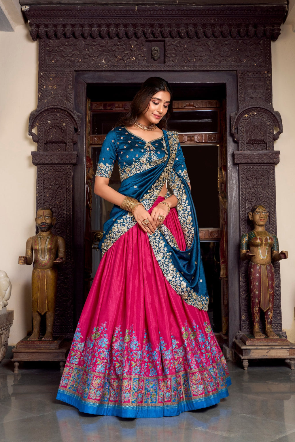 Exquisite Tussar Silk Printed Foil Worked Lehenga Choli Set - ETHNICDEAL