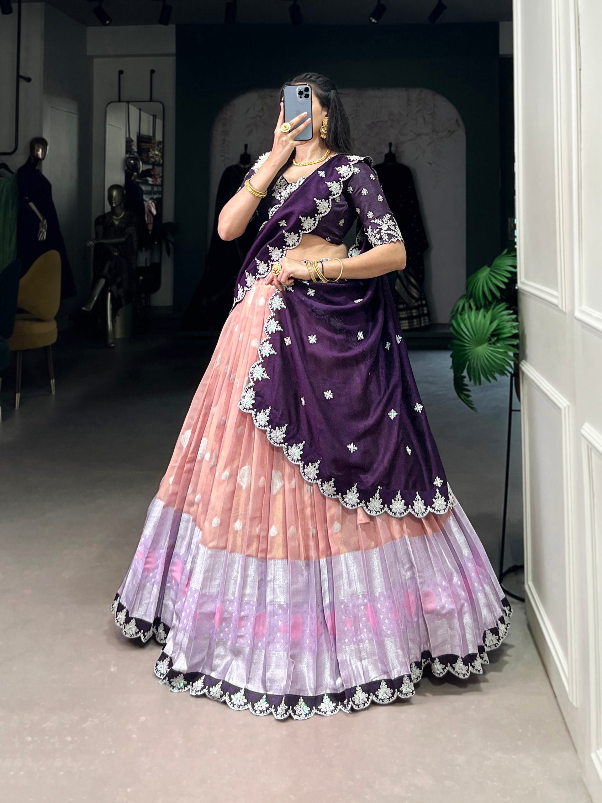 Lovely Zari Cota Weaving Sequins Thread Worked Lehenga Choli - ETHNICDEAL