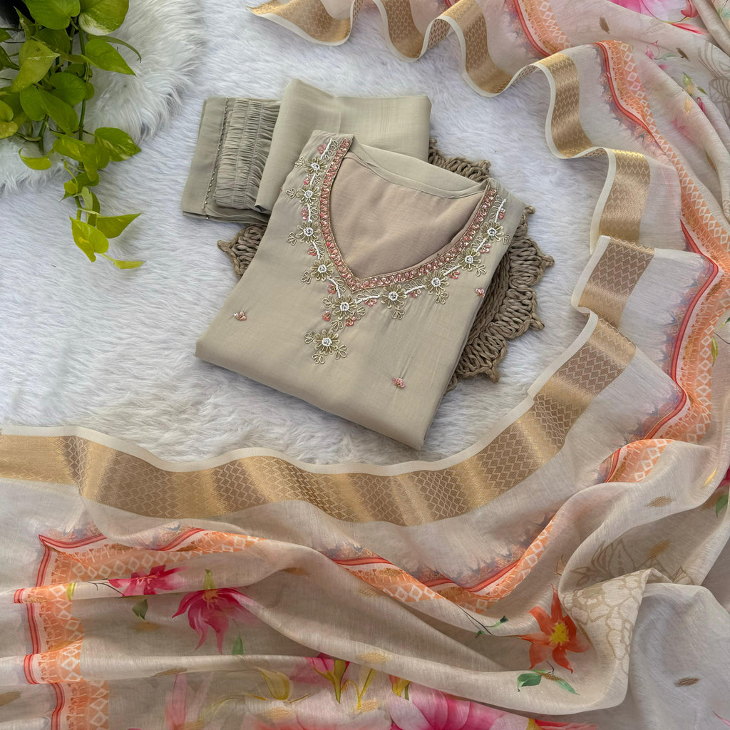 Amazing Roman Silk Hanworked Stitched Anarkali Pant Suit - Ethnicwish