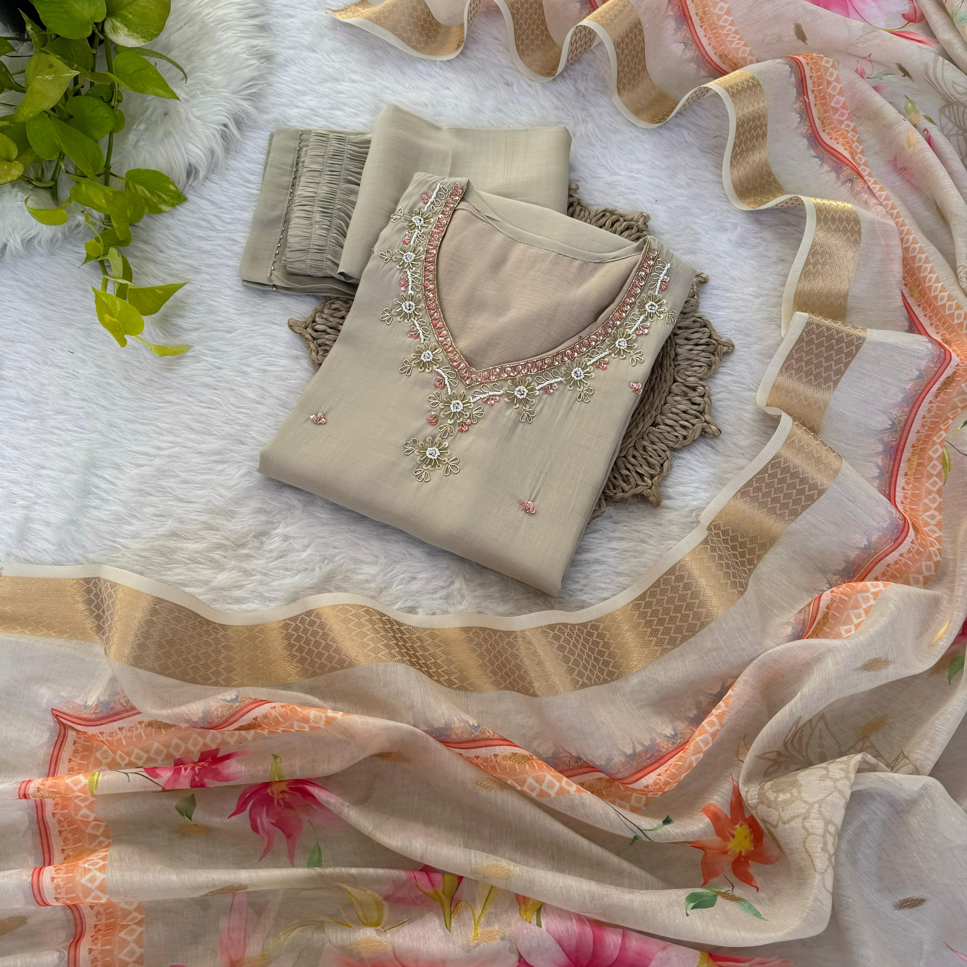 Amazing Roman Silk Hanworked Stitched Anarkali Pant Suit - Ethnicwish