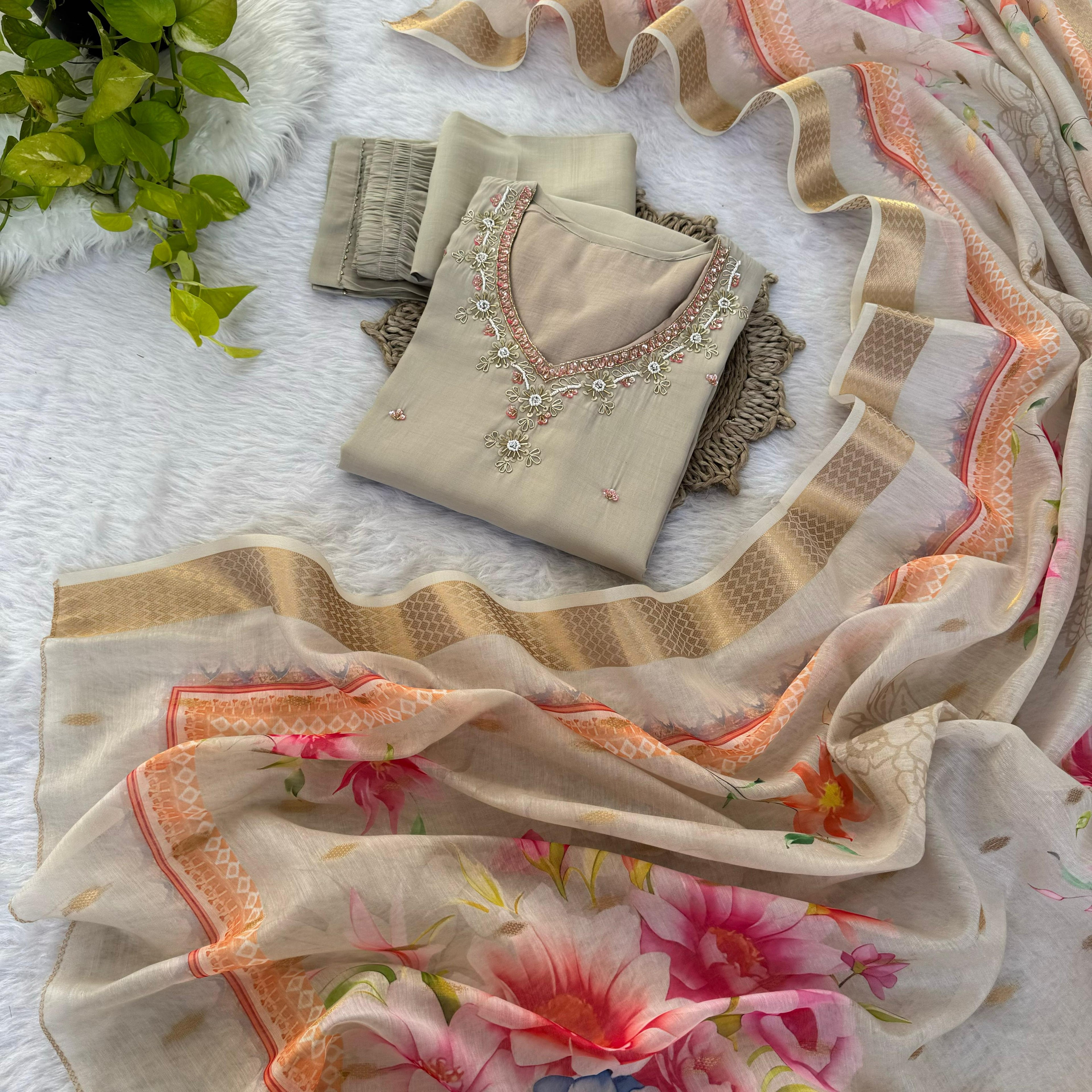 Amazing Roman Silk Hanworked Stitched Anarkali Pant Suit - Ethnicwish