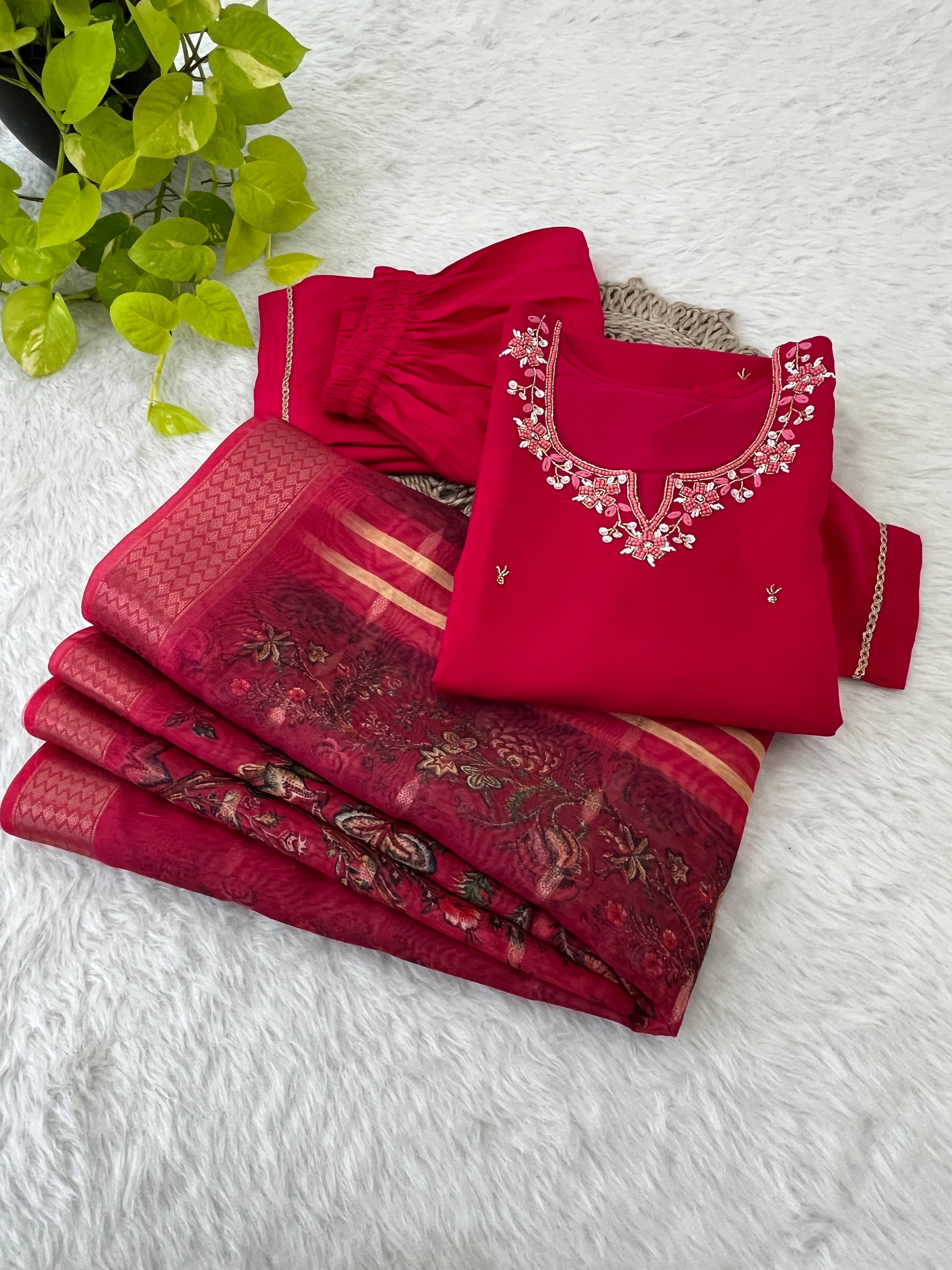 Appealing Red  Roman Silk Handworked Anarkali Pant Suit - Ethnicwish
