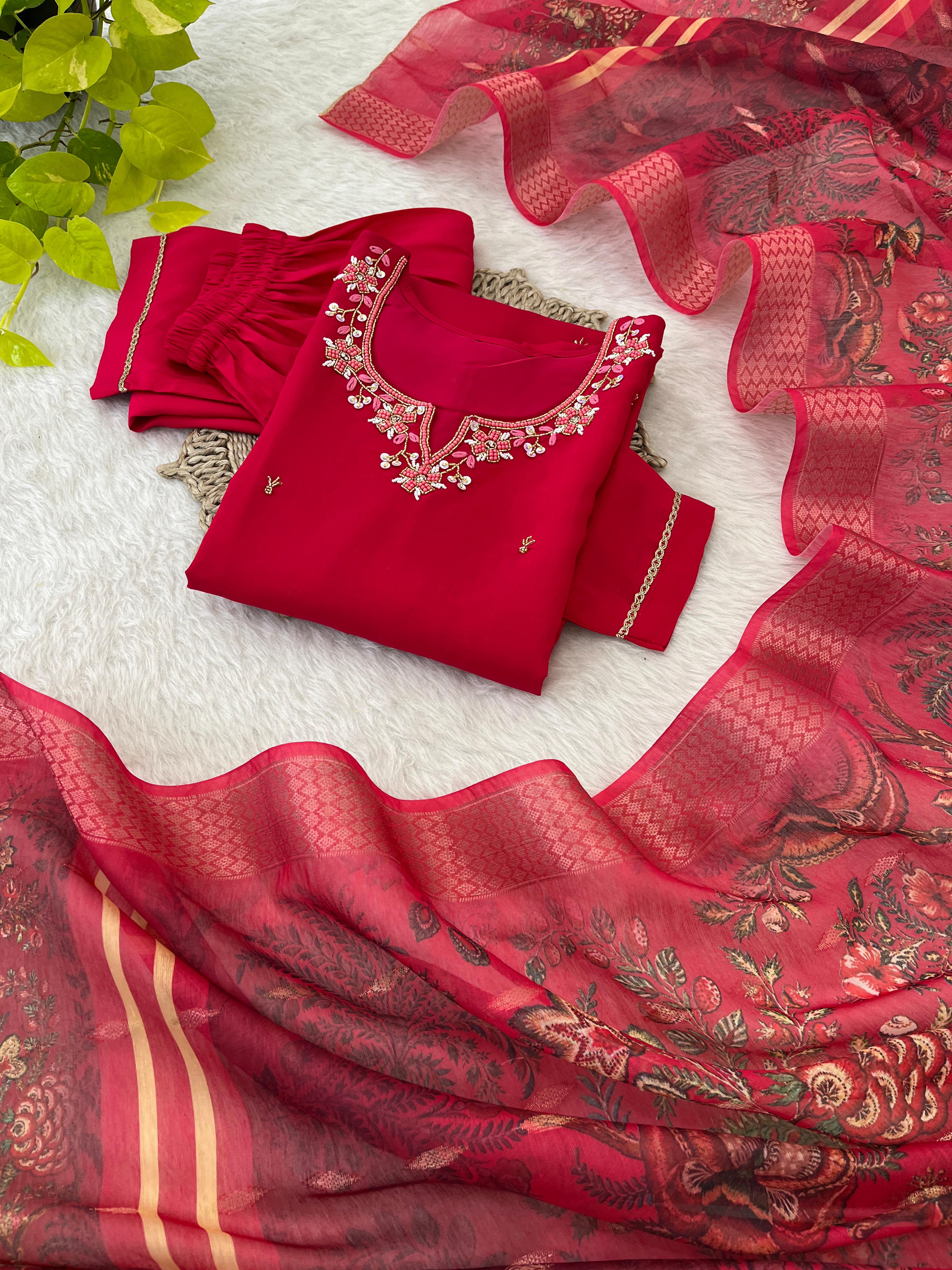 Appealing Red  Roman Silk Handworked Anarkali Pant Suit - Ethnicwish